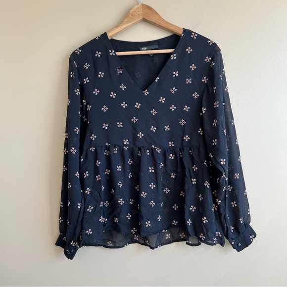 MAJE Leona Blouse Black Print size 2 semi sheer v-neckline top MEDIUM - Picture 2 of 10